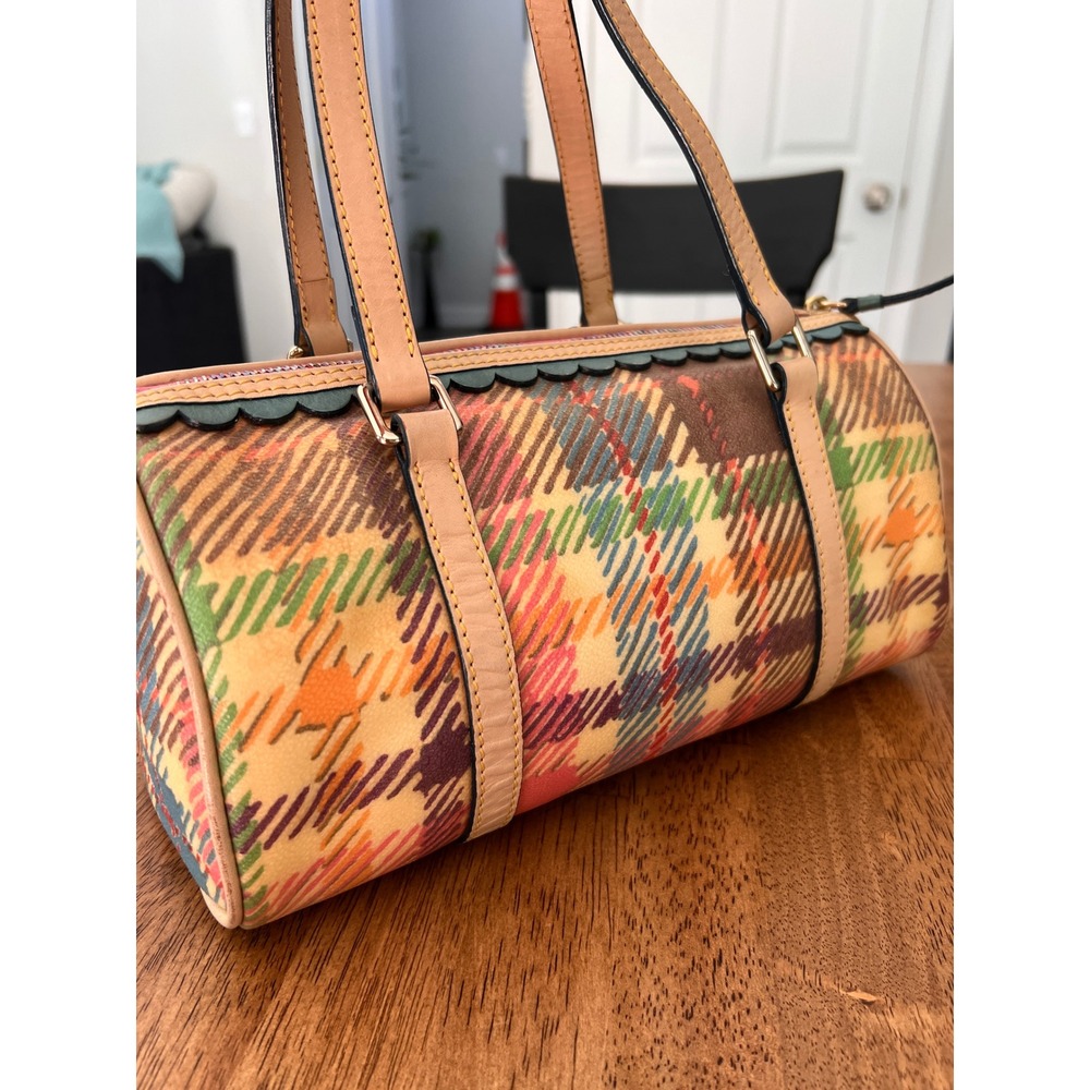 Dooney & Bourke Plaid Coated Canvas Barrel Bag Multicolor Scalloped Trim Satchel - Picture 7 of 16